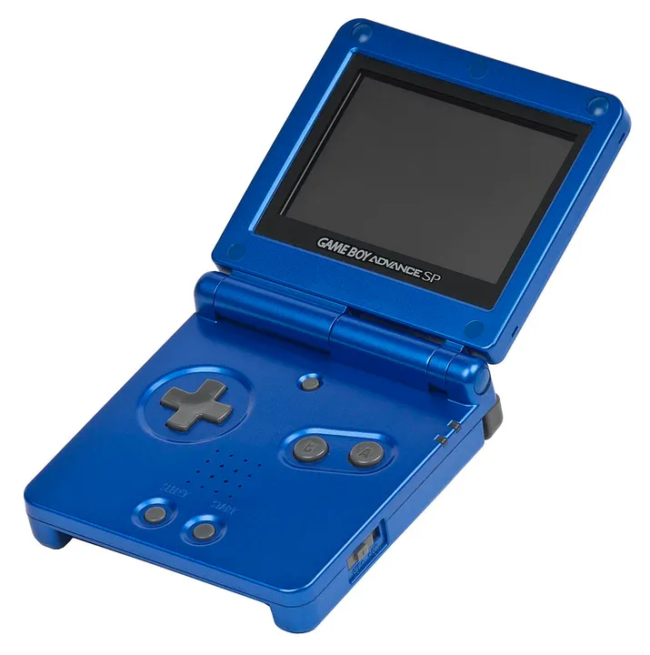 Blue first-generation Game Boy Advance SP, opened