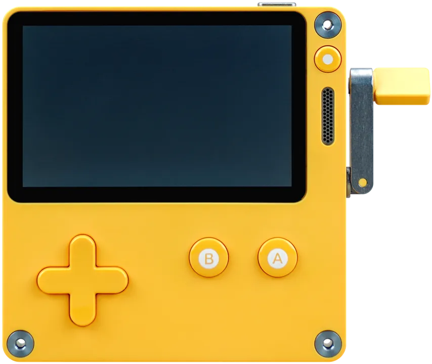 Yellow Playdate handheld with crank extended