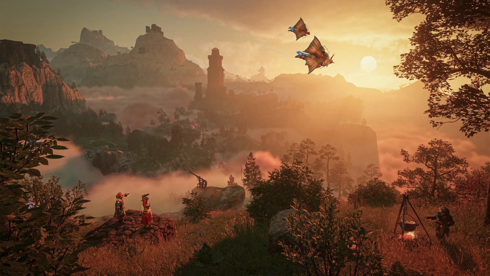 Official Enshrouded screenshot of a misty valley in Embervale at sunset with flying creatures, from the Steam store