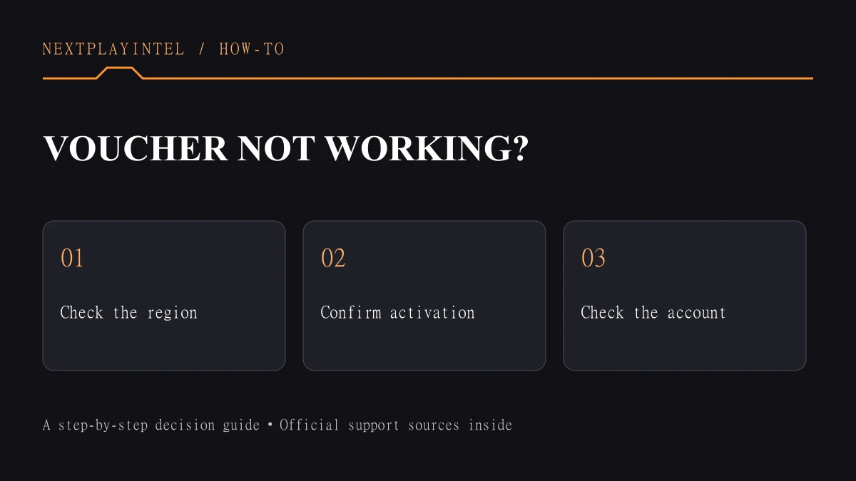 VOUCHER NOT WORKING?: Check the region, Confirm activation, Check the account.