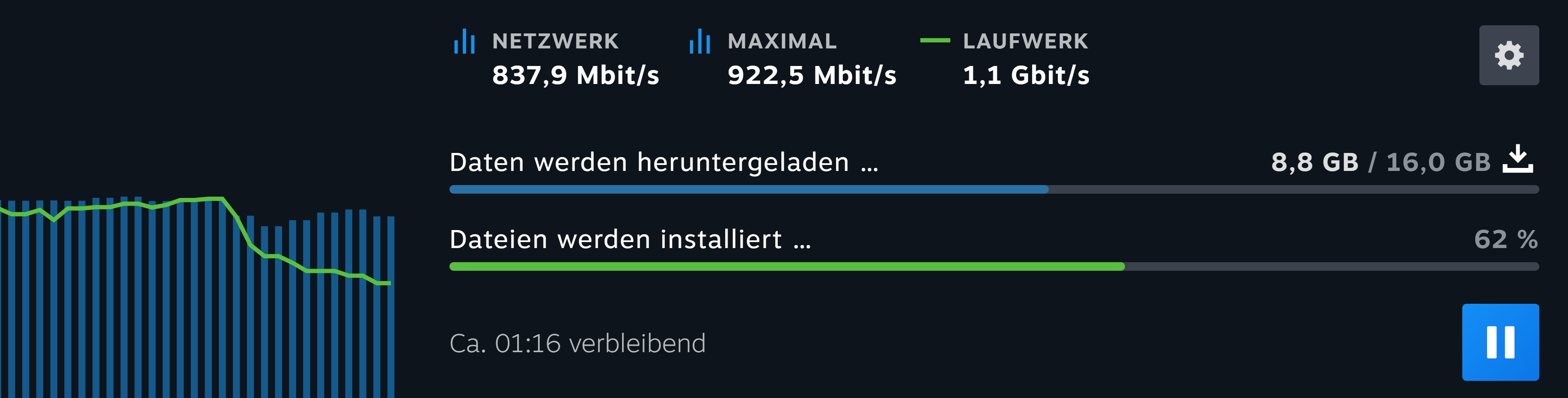 Steam download progress: separate network download and file installation bars in the German interface.