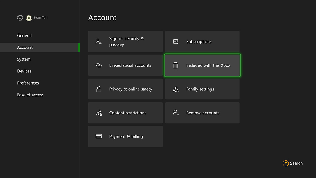 Xbox Account settings with Included with this Xbox highlighted, from Microsoft’s Digital Direct guide