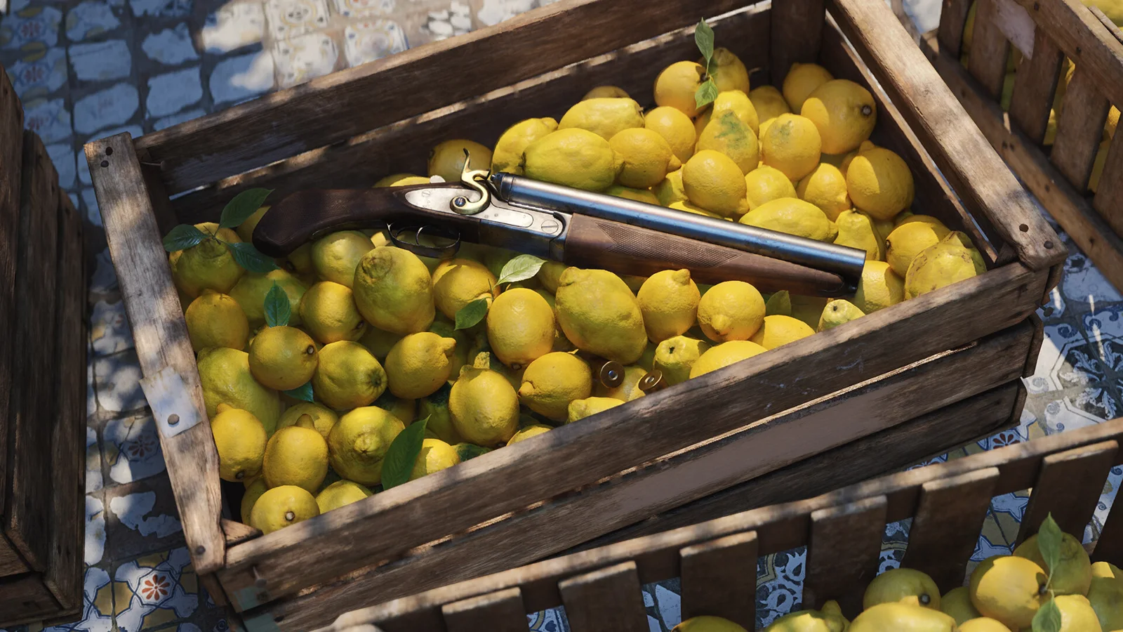 Official Mafia: The Old Country screenshot of a lupara shotgun resting on a wooden crate of lemons