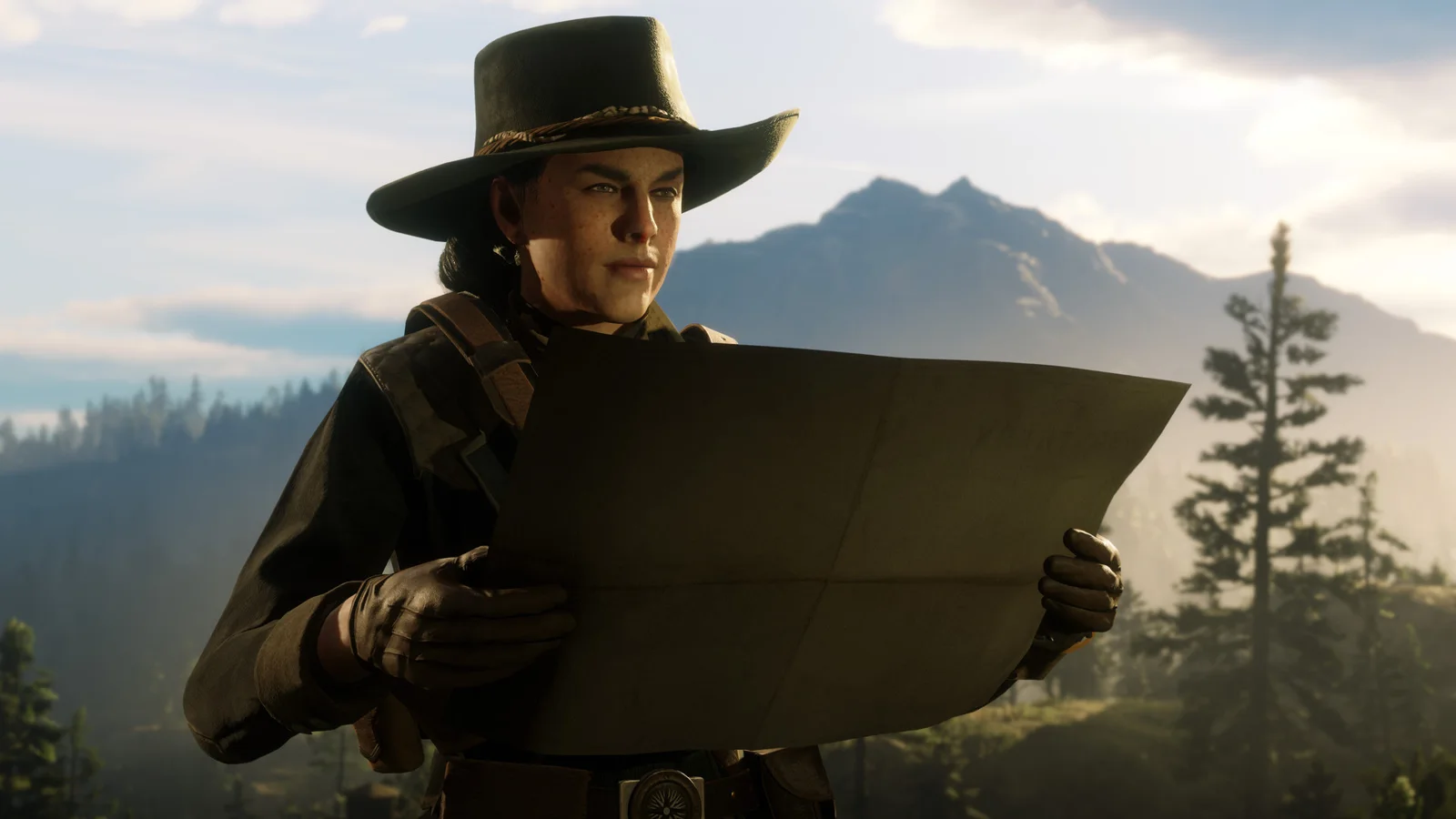 Official Red Dead Online screenshot of a player reading a map in the hills