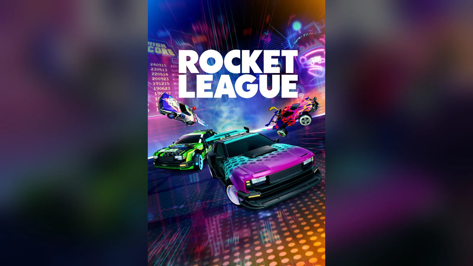 Rocket League official cover art showing rocket-powered cars racing across a neon arena under the Rocket League logo