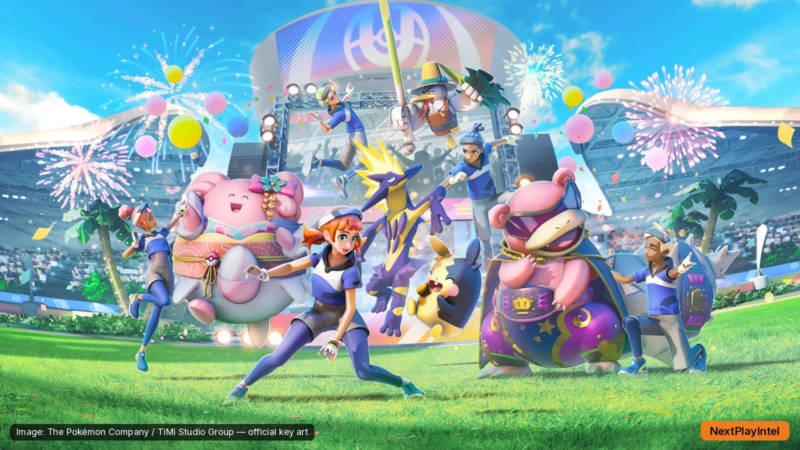Pokémon UNITE festival stadium key art with trainers and Pokémon celebrating