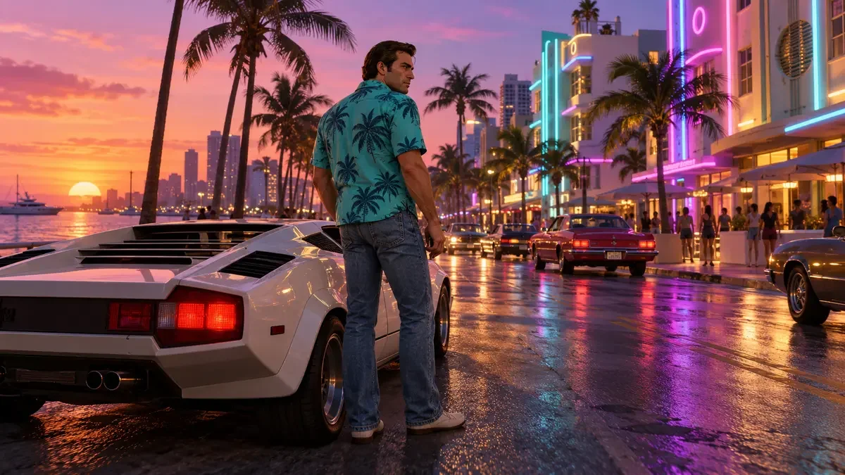 AI illustration of Tommy Vercetti beside a white sports car on a neon-lit boulevard inspired by Vice City.