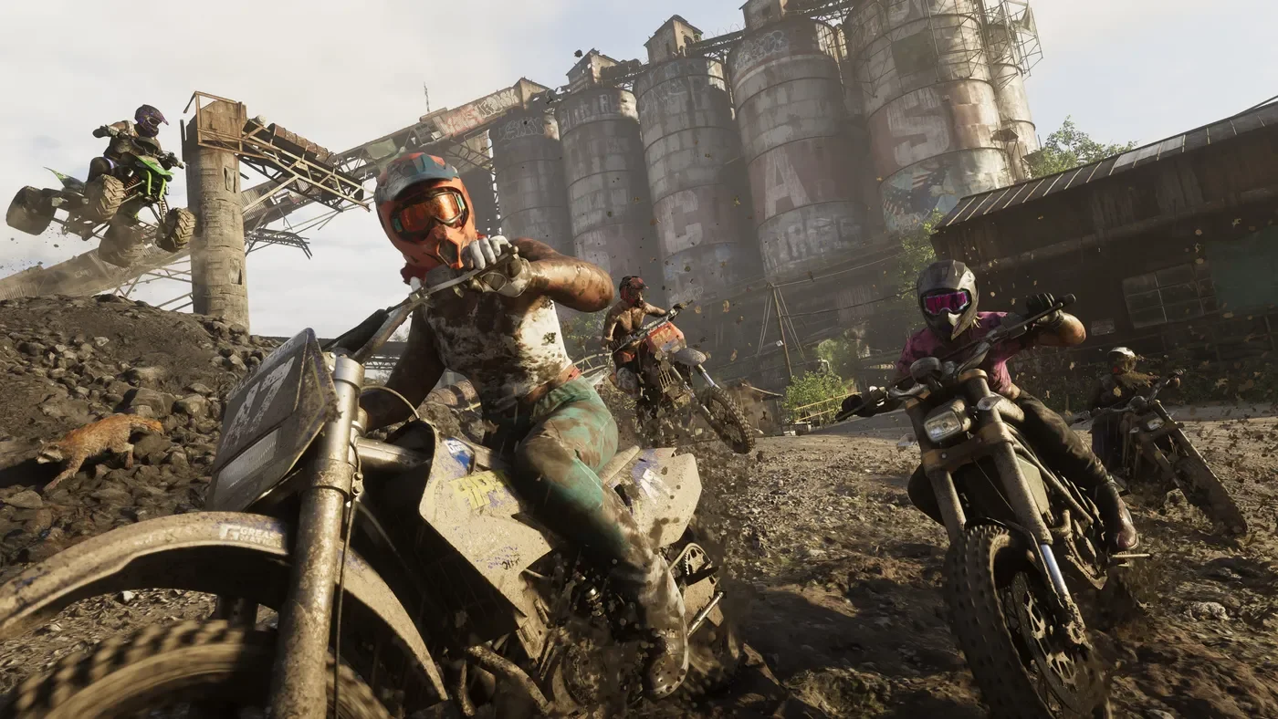 Dirt-bike riders near industrial silos in Rockstar’s Mount Kalaga gallery image.