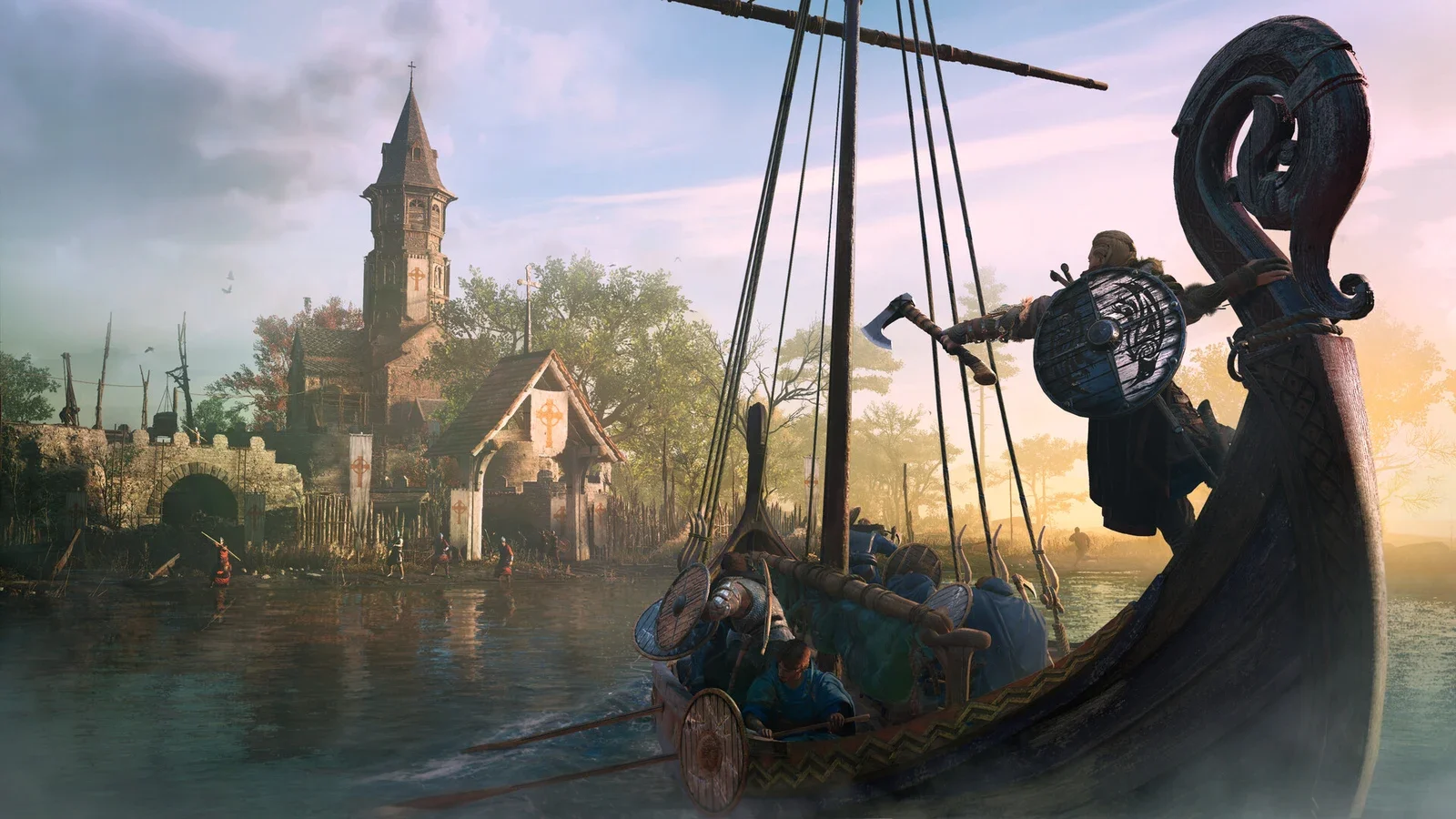 A Viking longship with a carved dragon-head prow glides along a calm river toward a stone church tower and timber houses in soft morning light