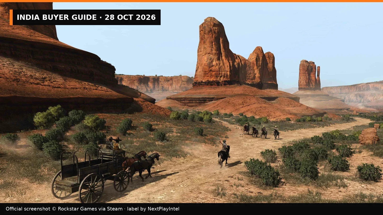 Official Red Dead Redemption screenshot of a stagecoach crossing desert buttes, with NextPlayIntel India buyer guide label
