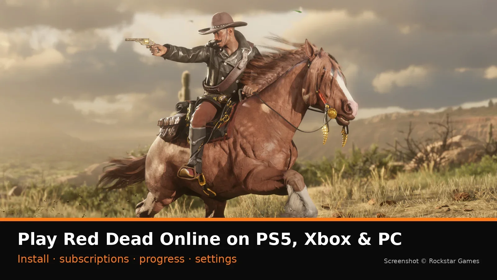 Official Red Dead Online screenshot of a rider firing a revolver from a galloping horse, with NextPlayIntel console how-to label