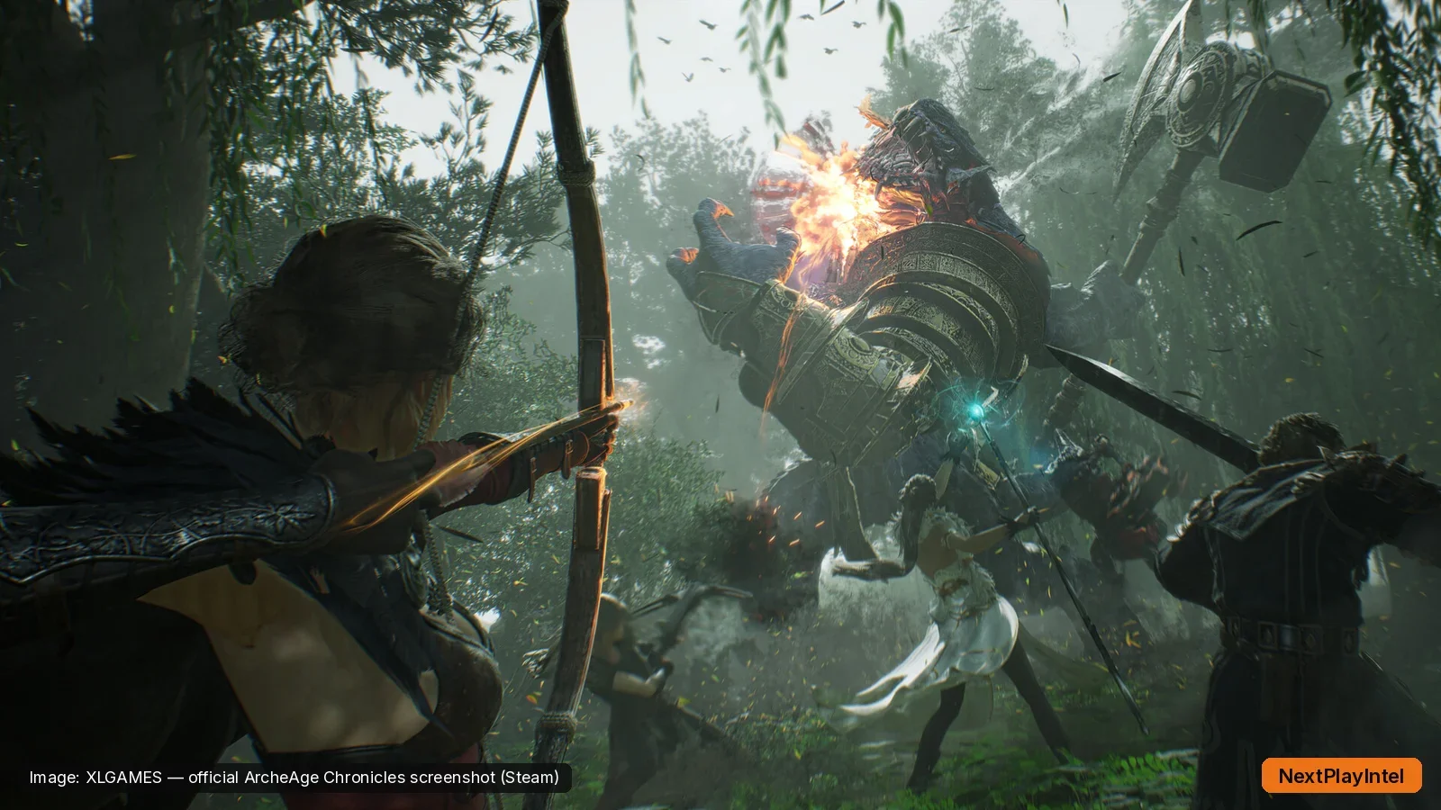 ArcheAge Chronicles gameplay screenshot of a player character fighting a large monster in the open world