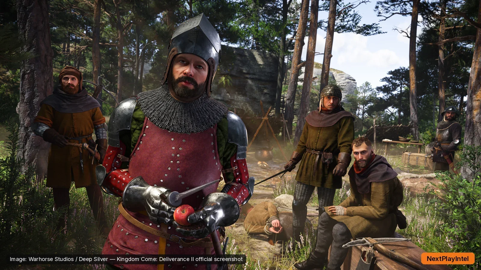 Kingdom Come: Deliverance II official screenshot of an armoured knight and soldiers resting in a forest camp