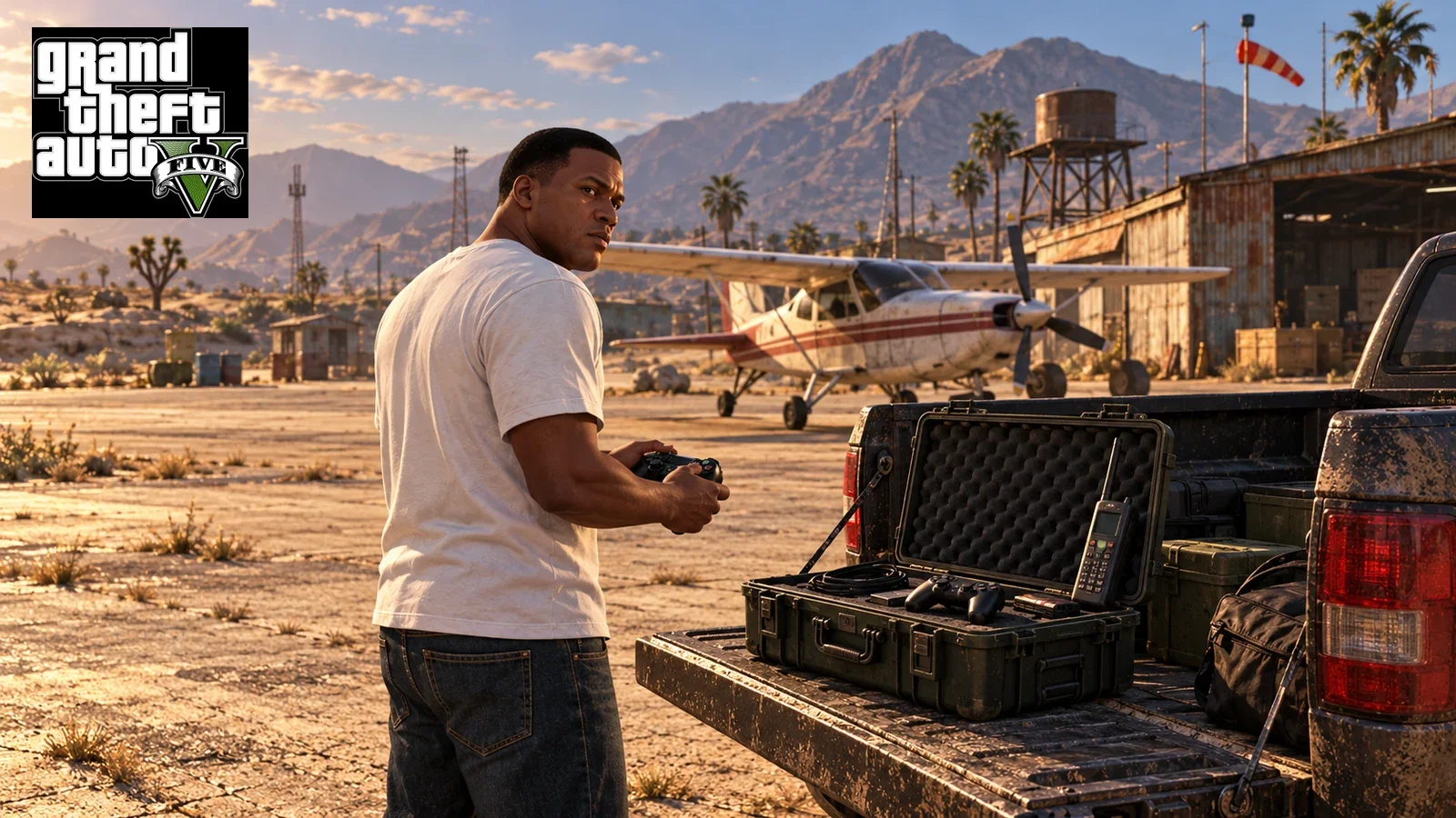 AI illustration of Franklin beside an open equipment case on a pickup at a desert airfield.