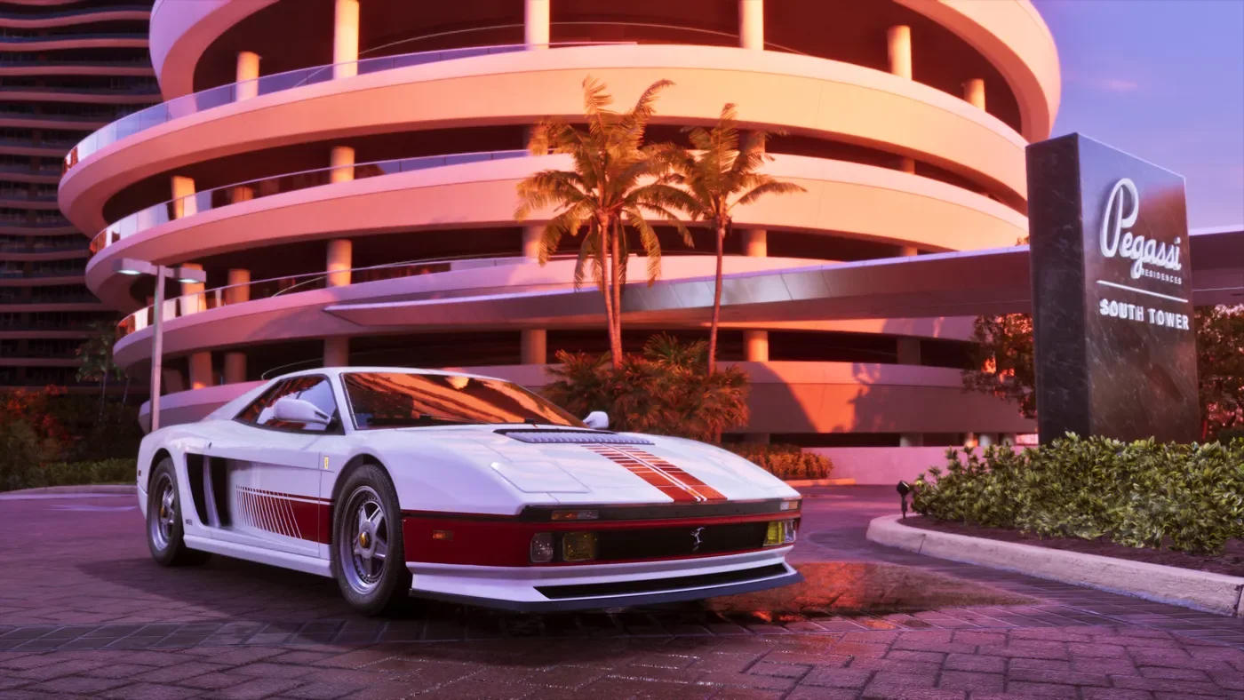 A white Grotti Cheetah outside a neon-lit hotel.