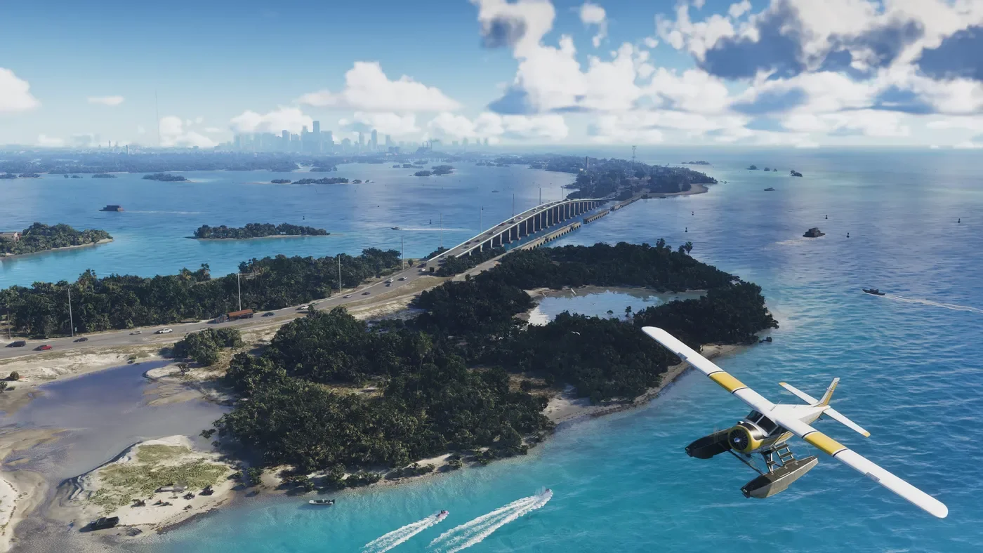 Seaplane over the islands and bridges of the Leonida Keys.