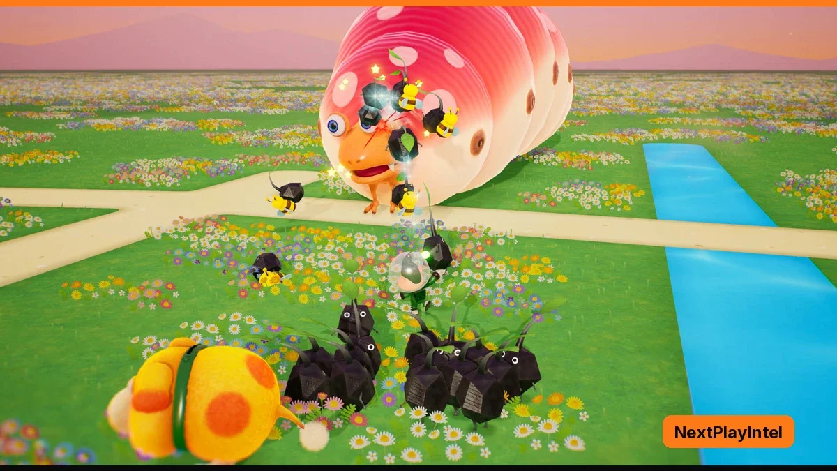 A giant pink and white caterpillar creature rises over a flower-covered field as a squad of black rock Pikmin and a yellow spotted space dog charge toward it beside a bright blue stream