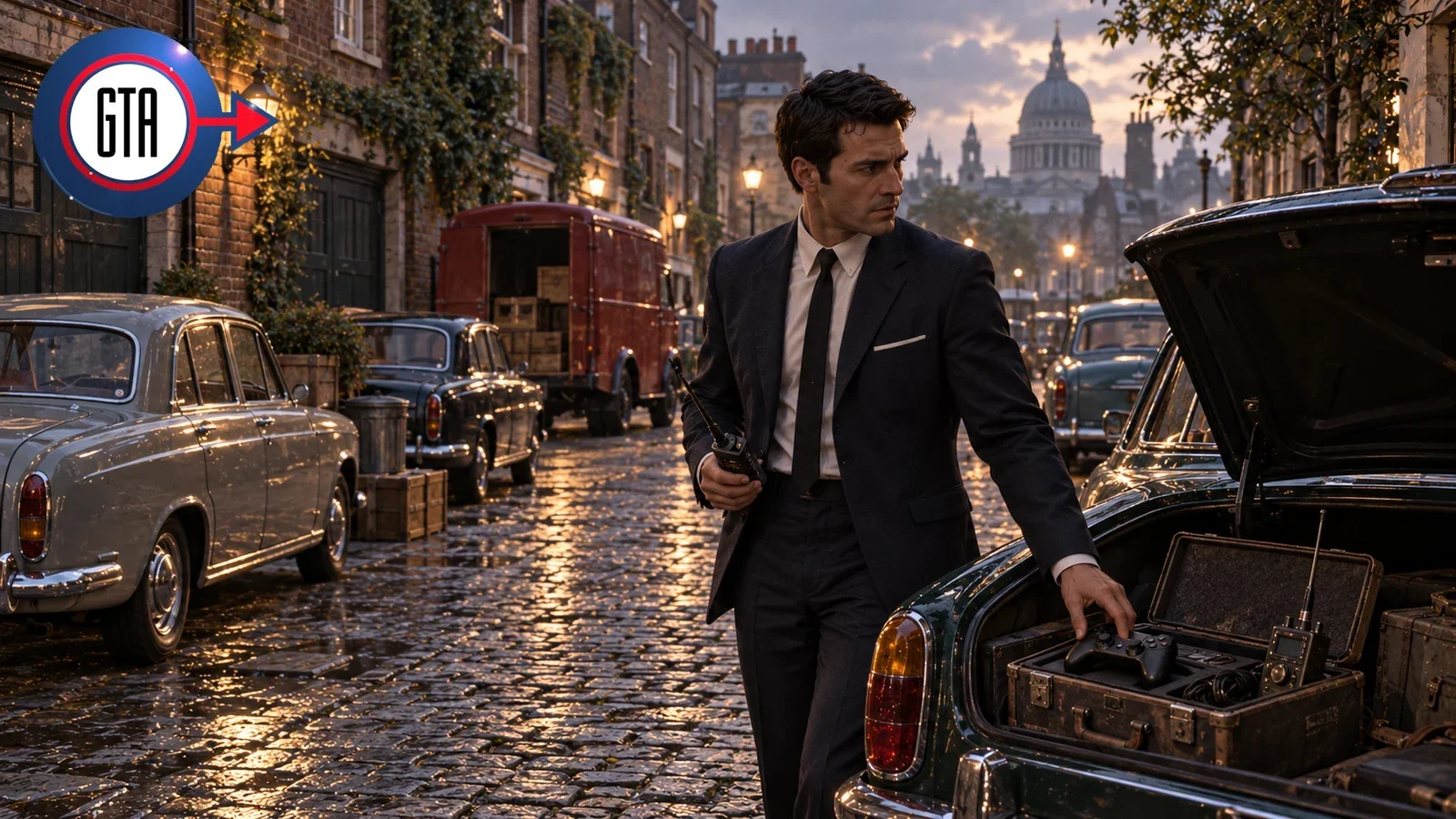 AI illustration inspired by GTA London 1961, showing a suited man beside an open car boot on a cobbled street.