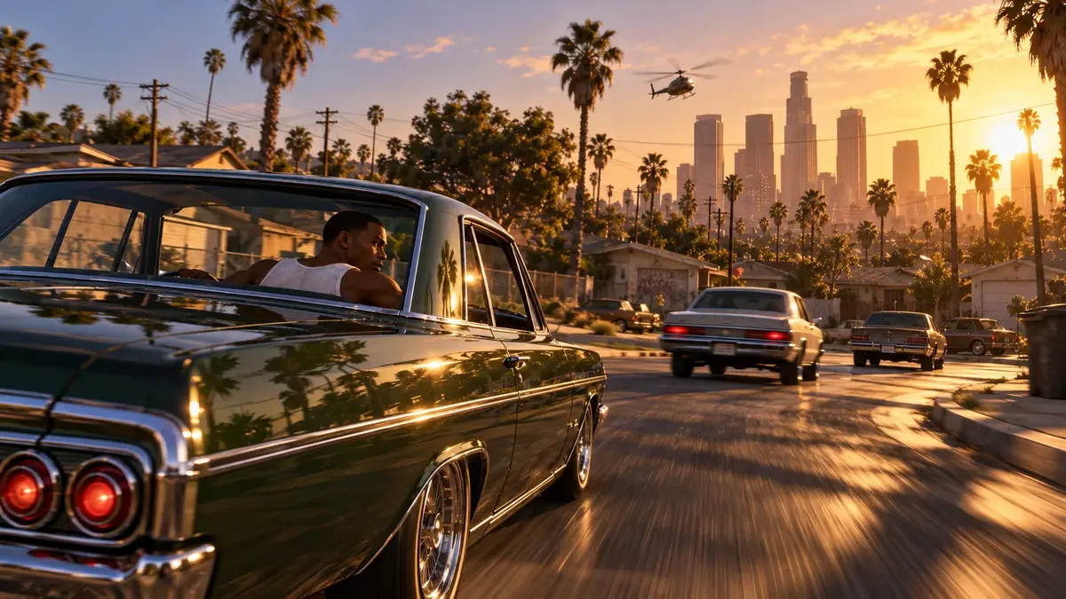 AI illustration of CJ driving a green lowrider along a palm-lined road toward a city skyline.