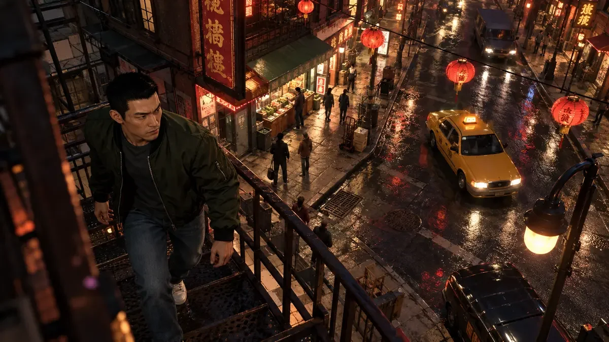 AI illustration of Huang Lee on a fire escape above a lantern-lit Chinatown street with a yellow taxi.