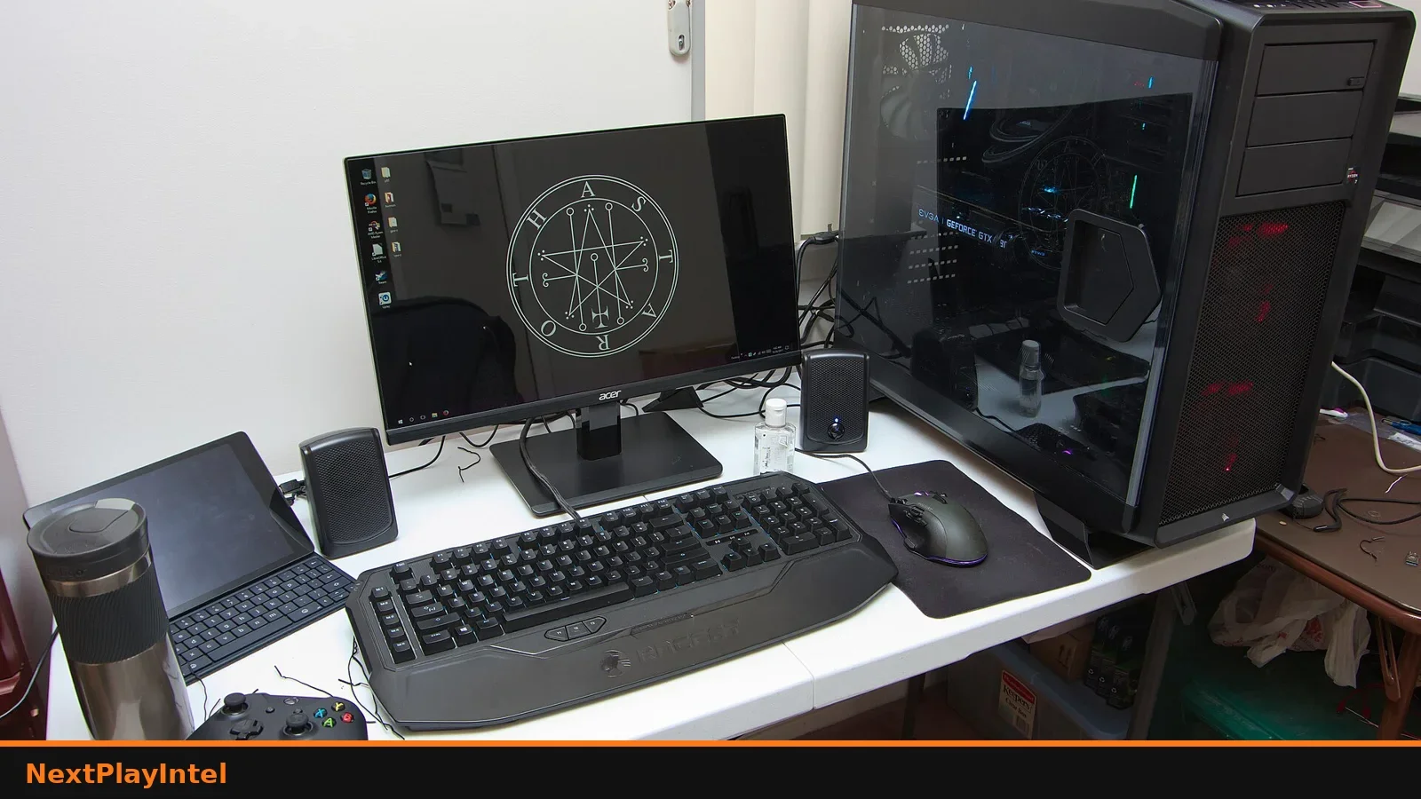 Gaming PC setup with monitor, keyboard, mouse and tower case