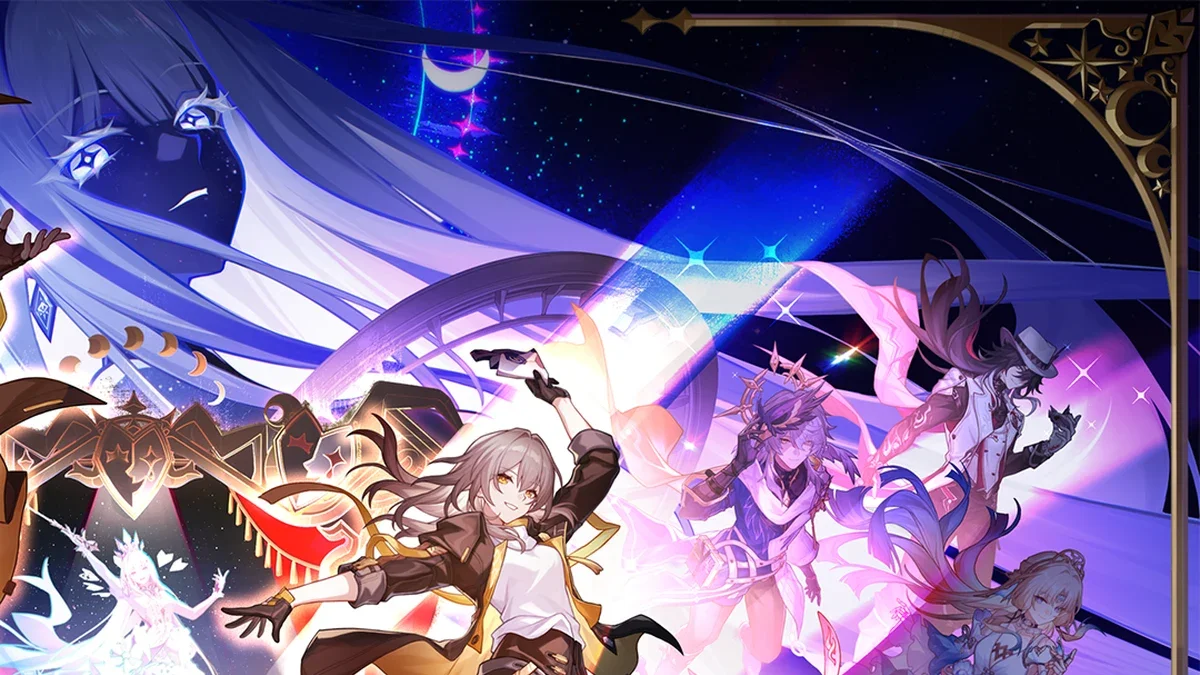 A smiling grey-haired heroine in a brown and gold jacket reaches out on a glowing stage while pink-haired figures and a giant shadowy mask loom in the starry background