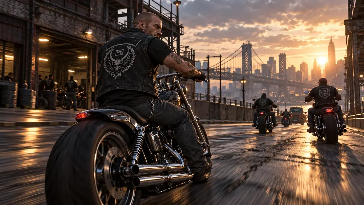AI illustration of Johnny Klebitz riding a motorcycle past an industrial clubhouse at sunset.