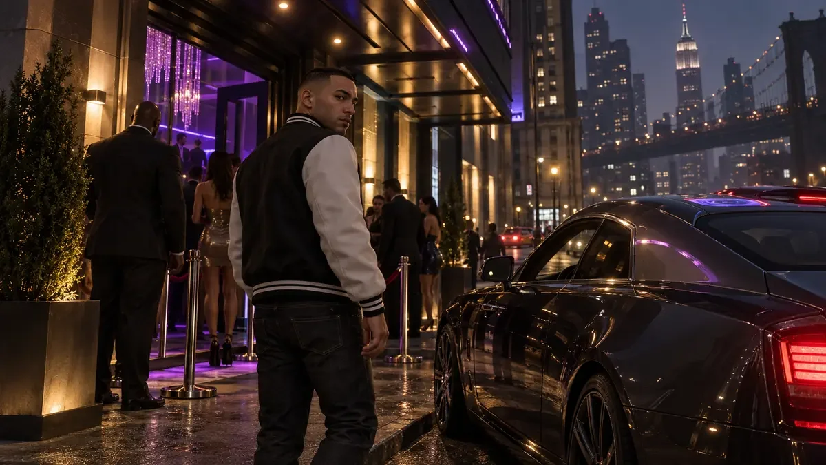 AI illustration of Luis Lopez beside a luxury car outside a nightclub on a rain-soaked city street.