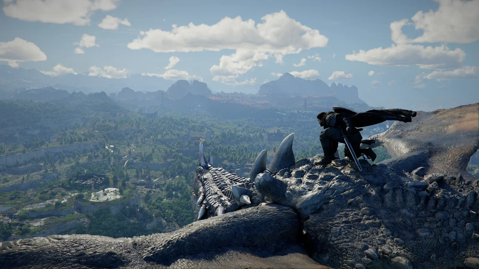 Official Crimson Desert screenshot of Kliff standing on a slain dragon above a valley