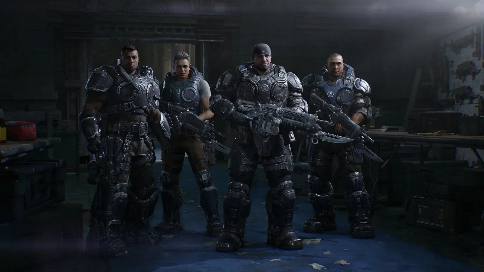 Official Gears of War: E-Day screenshot of Bravo Squad, four armoured COG soldiers standing together