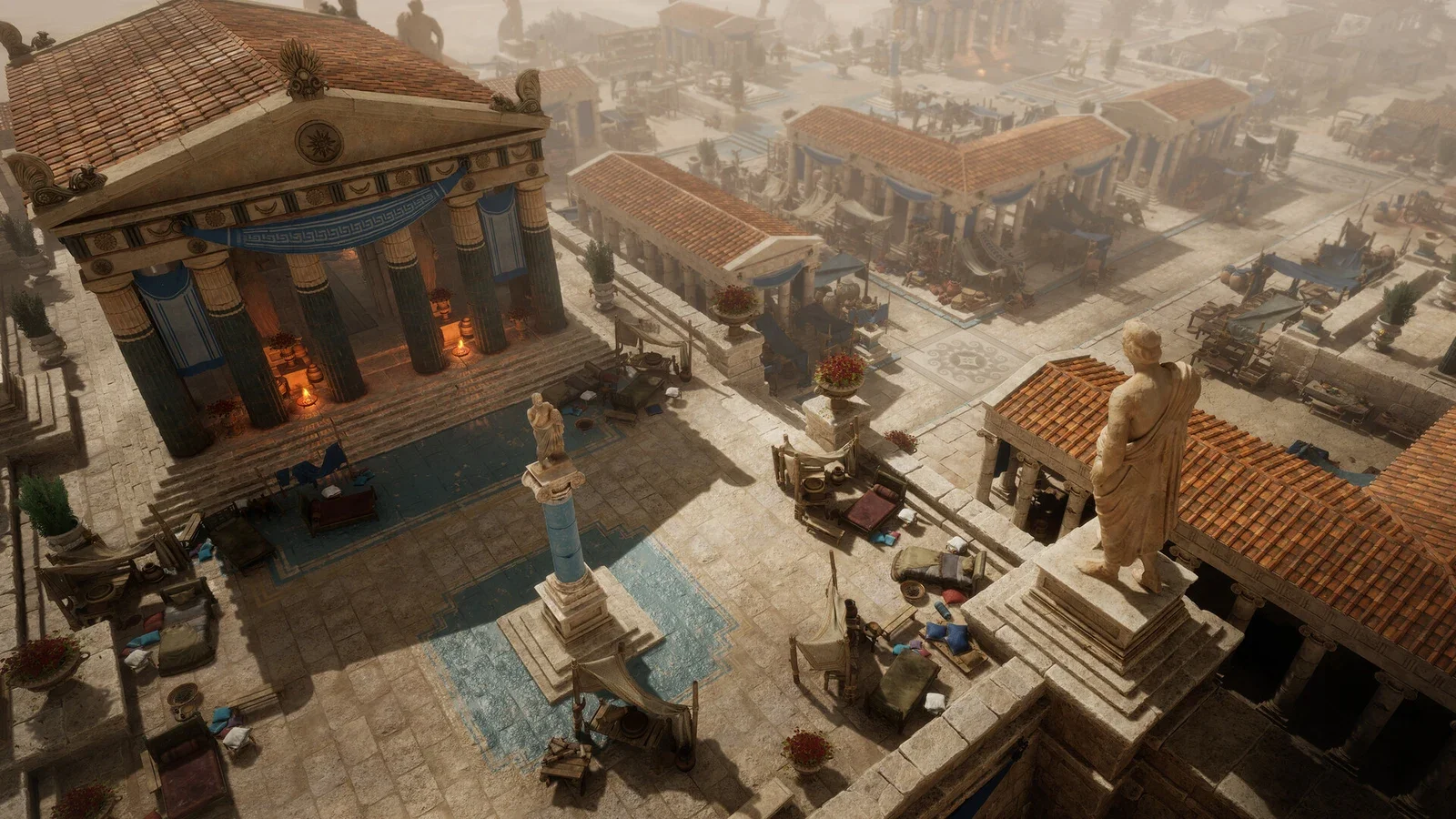Aerial view of a sunlit ancient Greek town with red-tiled roofs, columned temples, statues and market stalls