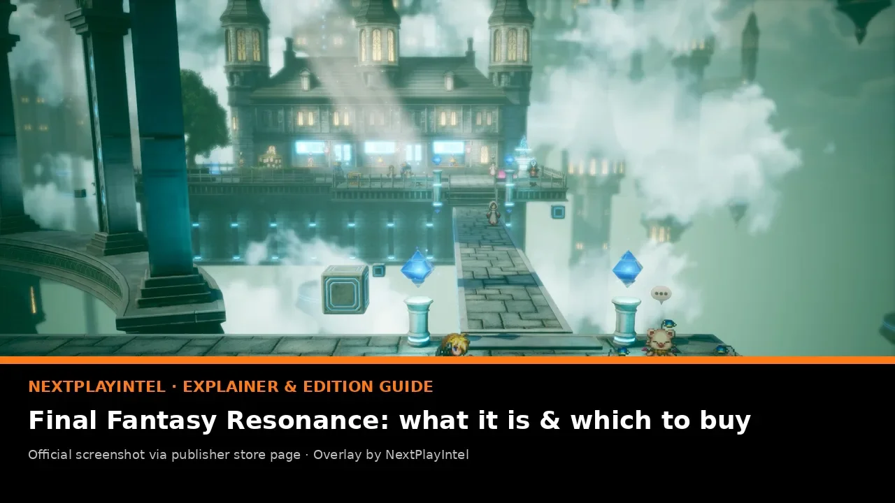 Official Final Fantasy Resonance screenshot of a castle walkway above the clouds, with NextPlayIntel guide label
