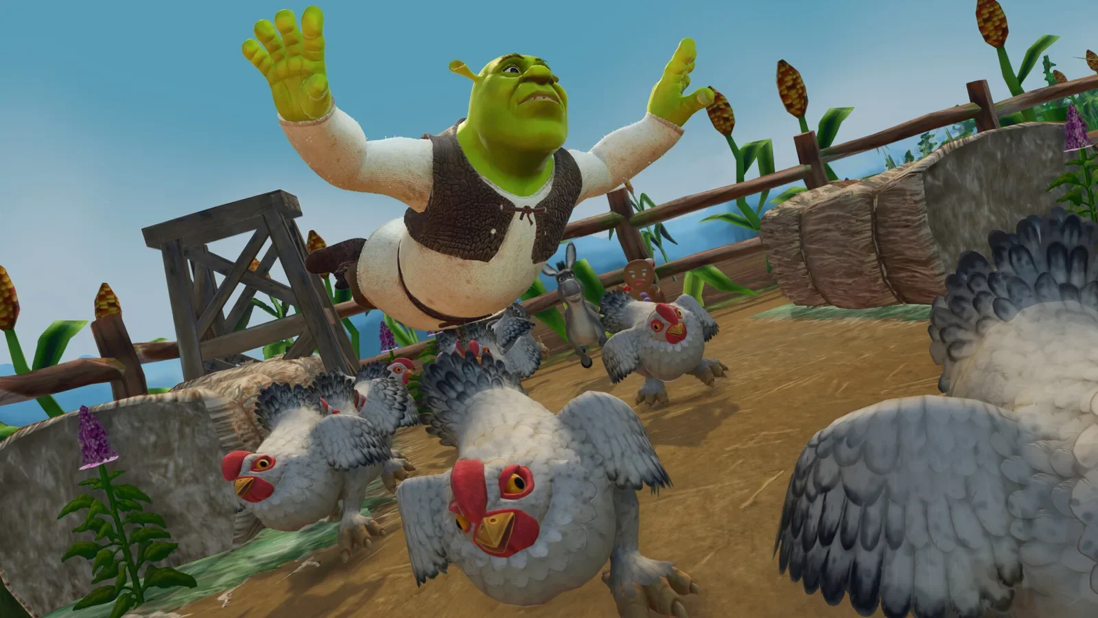 Official Shrek 2 Remastered screenshot of Shrek by a wooden fence surrounded by chickens and sheep