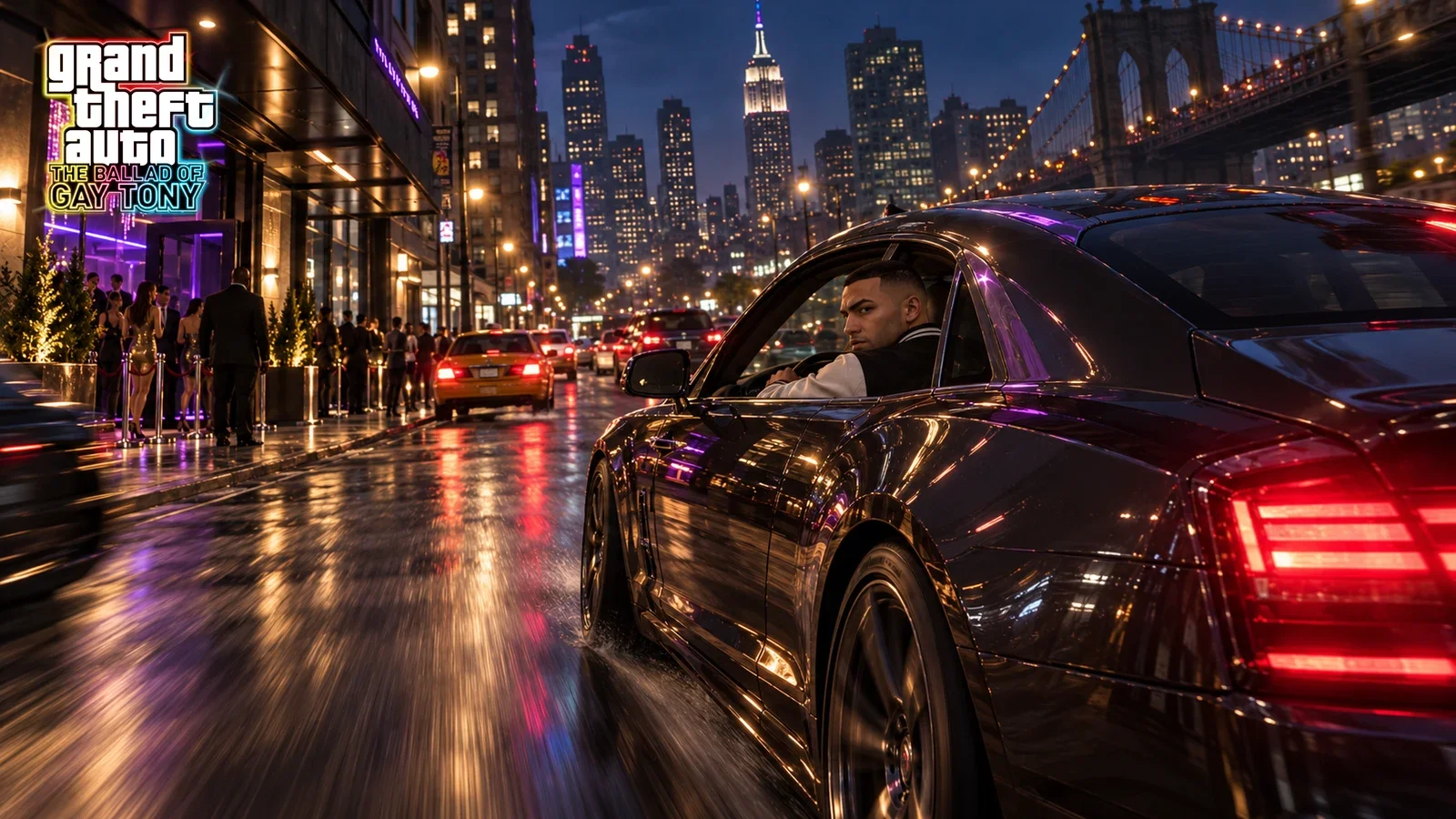 AI illustration of Luis Lopez in a luxury car outside a neon-lit nightclub on a wet city street.