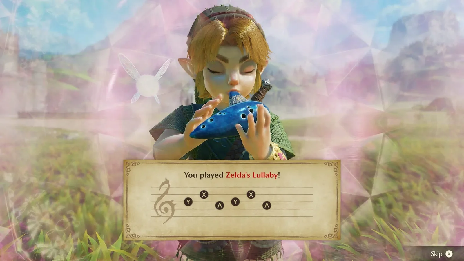 Official Ocarina of Time Switch 2 screenshot of young Link playing the ocarina, with an on-screen note reading You played Zelda's Lullaby