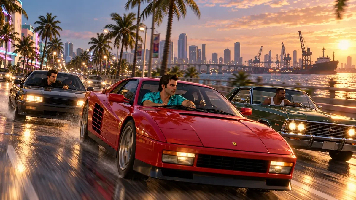 AI illustration of Tommy driving a red convertible, with Claude and CJ in nearby cars beside a waterfront.