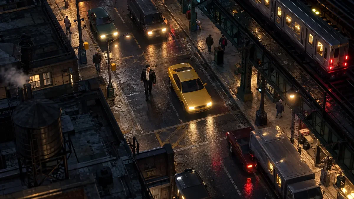 AI illustration inspired by GTA 2, showing an overhead view of a yellow car near an elevated train at night.