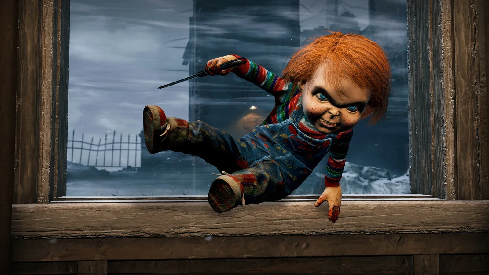 Chucky leaps through an open wooden window holding a knife, with a snowy graveyard behind him