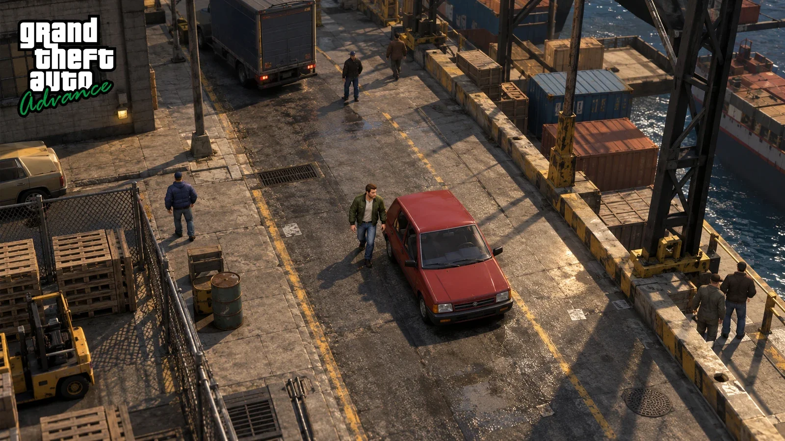 AI recreation: high overhead compact Liberty City industrial street with red compact car, handheld era low polygon aesthetic. Grand Theft Auto Advance logo.