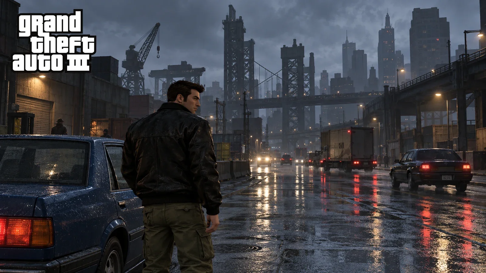 AI recreation: rainy industrial Liberty City inspired street, third person rear view of dark leather jacket man near blue sedan. Grand Theft Auto III logo.