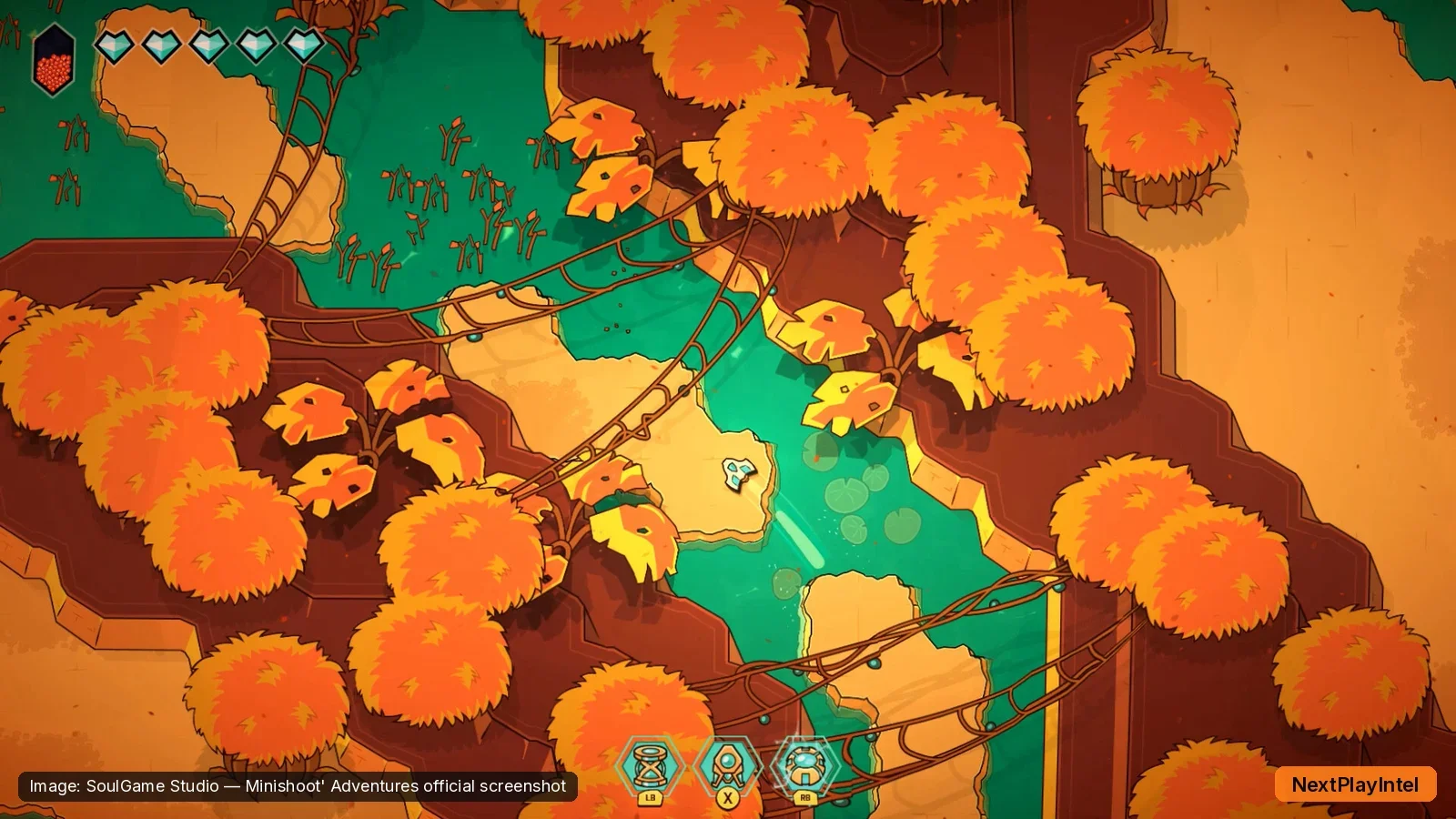 Minishoot' Adventures official screenshot of a small spaceship exploring an autumn forest