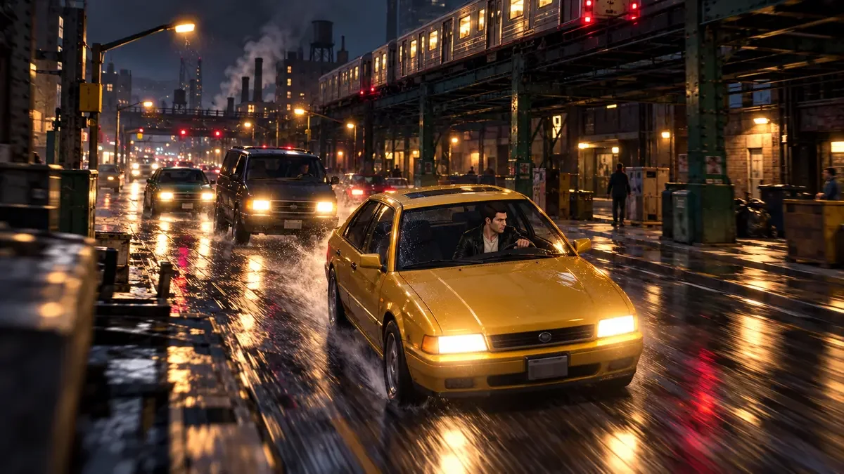 AI illustration inspired by GTA 2, showing a yellow car travelling through a wet city street at night.