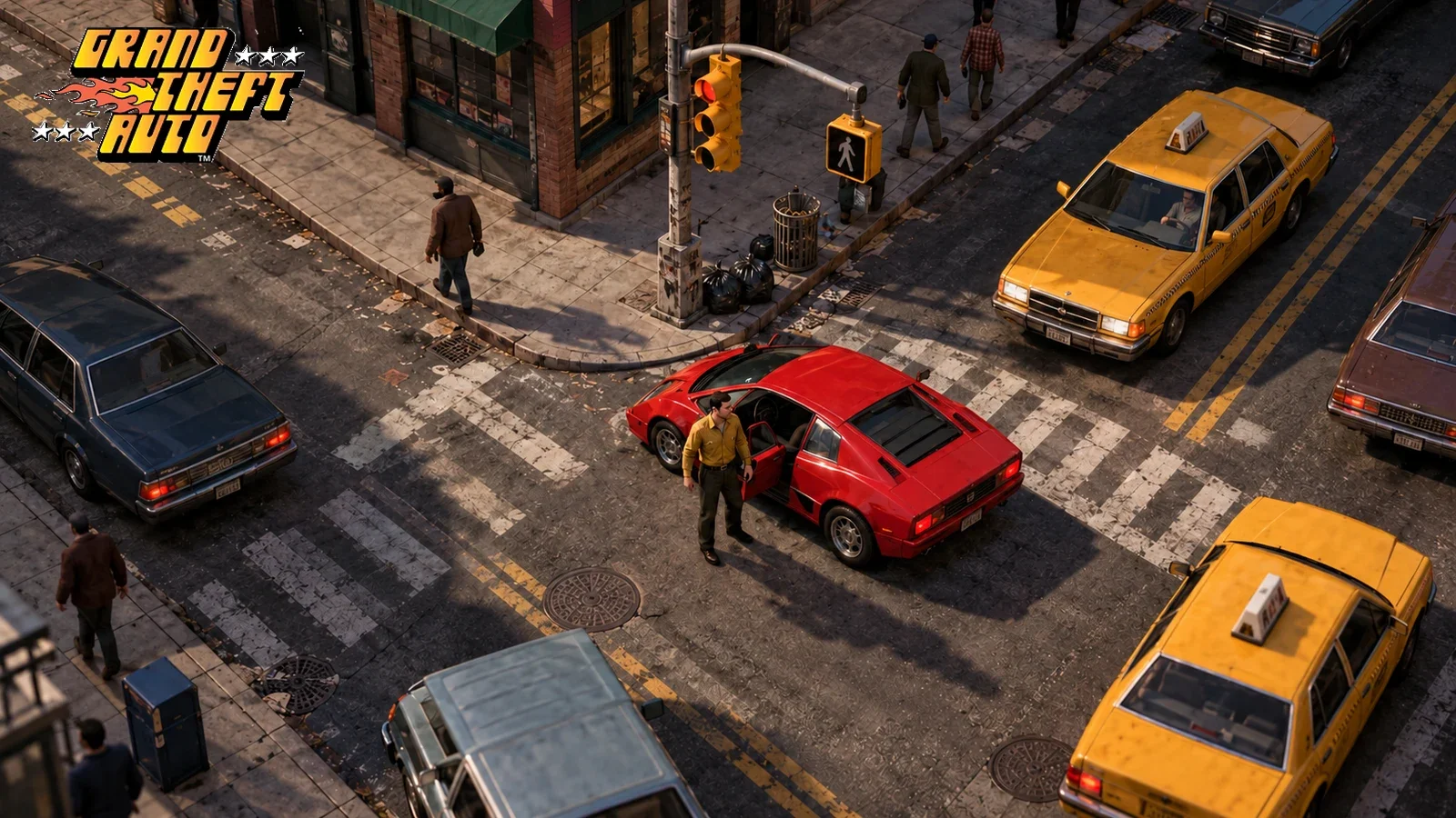 AI recreation: overhead dense 1990s American street intersection with red sports car and yellow taxis. Grand Theft Auto logo.