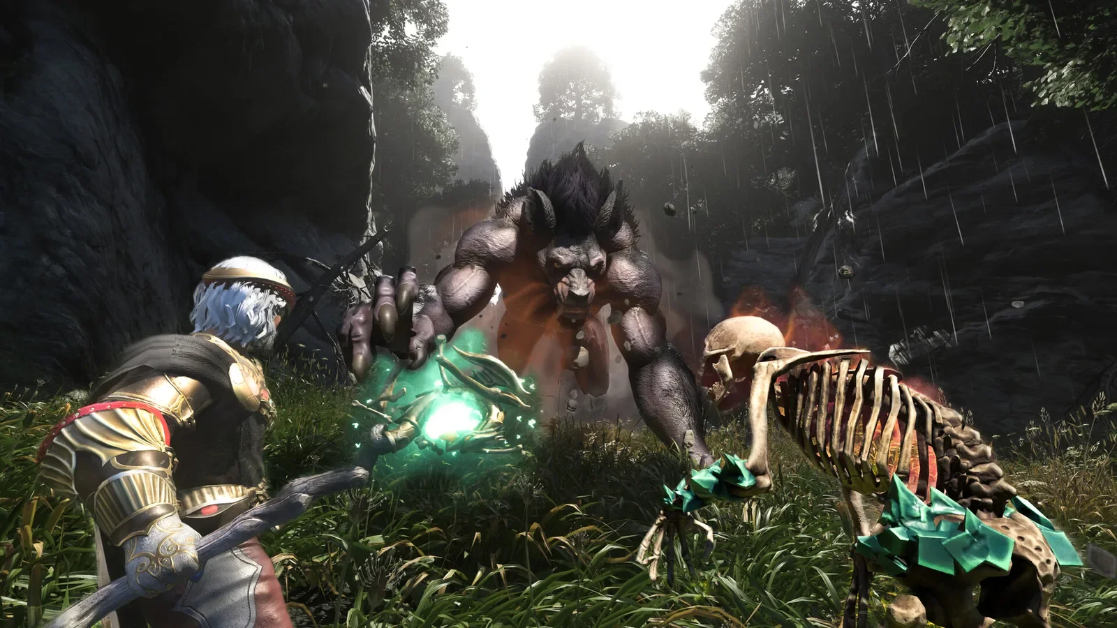 Official Enshrouded screenshot of a Flameborn warrior fighting a large horned creature in a forest