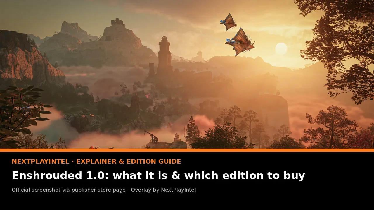 Official Enshrouded screenshot of a misty Embervale valley at sunset, with NextPlayIntel guide label