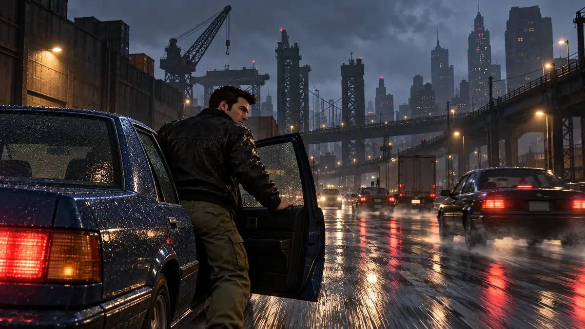 AI illustration of Claude stepping out of a blue sedan on a rainy industrial street inspired by GTA III.