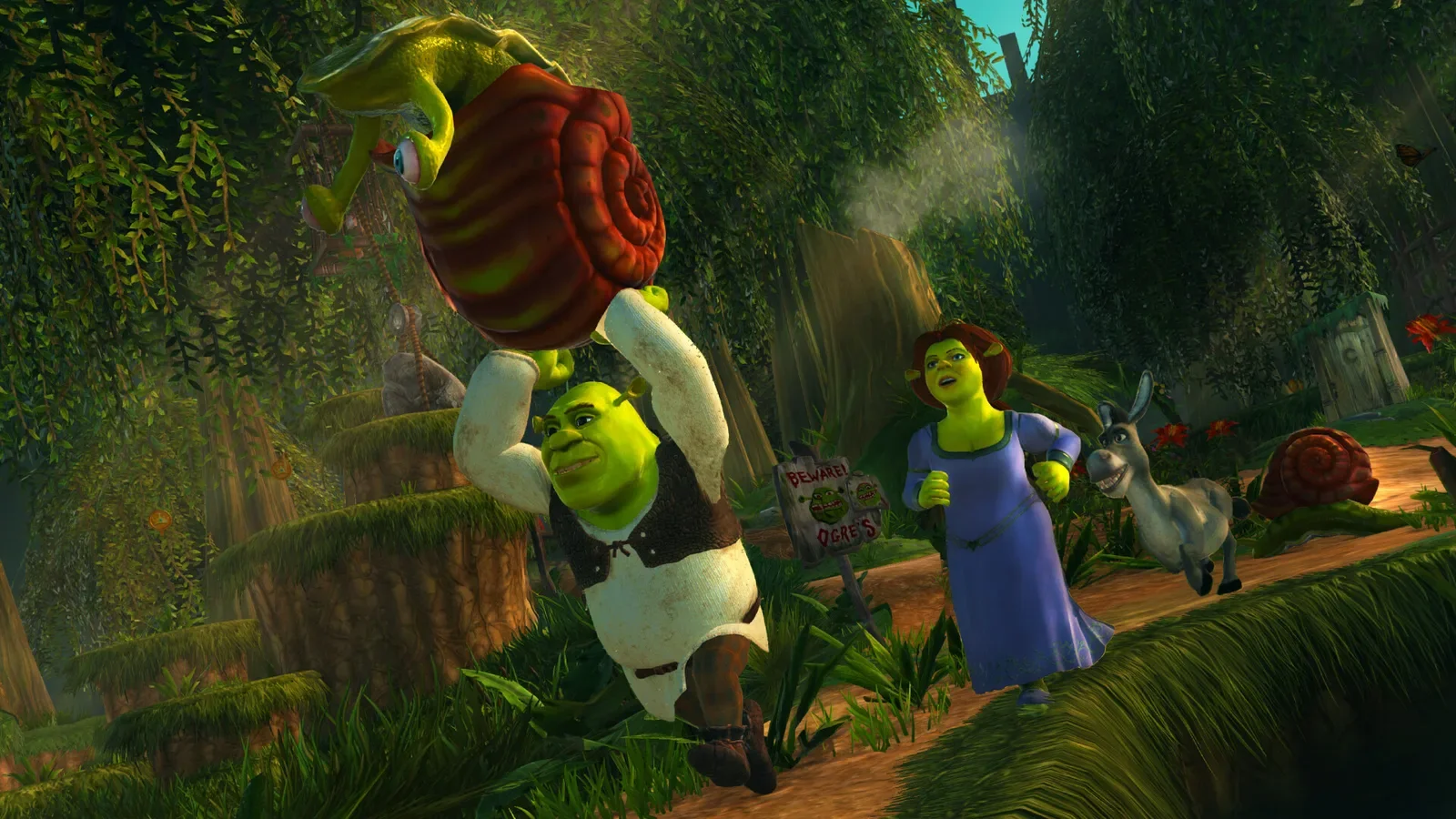 Official Shrek 2 Remastered screenshot of Shrek carrying a giant log through a forest with Fiona and Donkey