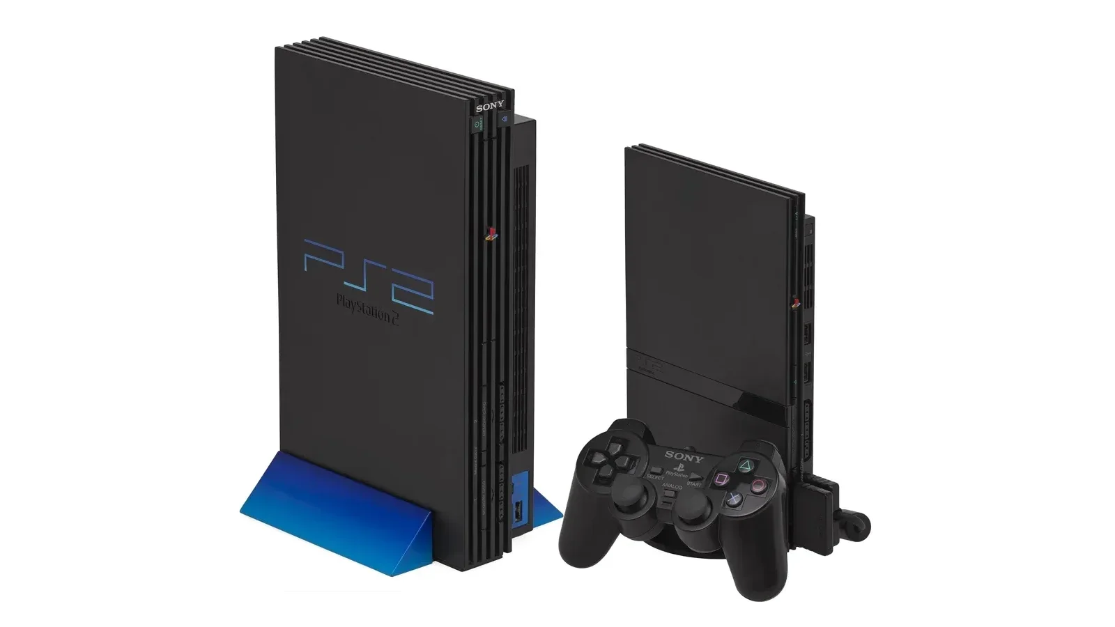 Original and slim PlayStation 2 consoles with a DualShock 2 controller