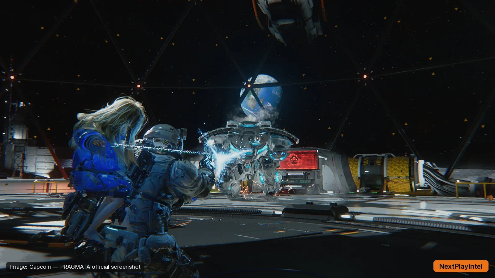 PRAGMATA official screenshot of Diana and Hugh fighting a robot on a lunar base