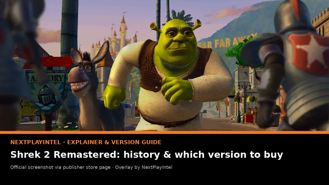 Official Shrek 2 Remastered screenshot of Shrek running with Donkey and knights, with NextPlayIntel explainer label